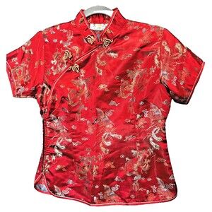 Vintage Jin Hon Red Gold Silk Chinese Top Blouse Embroidered Short Sleeve M